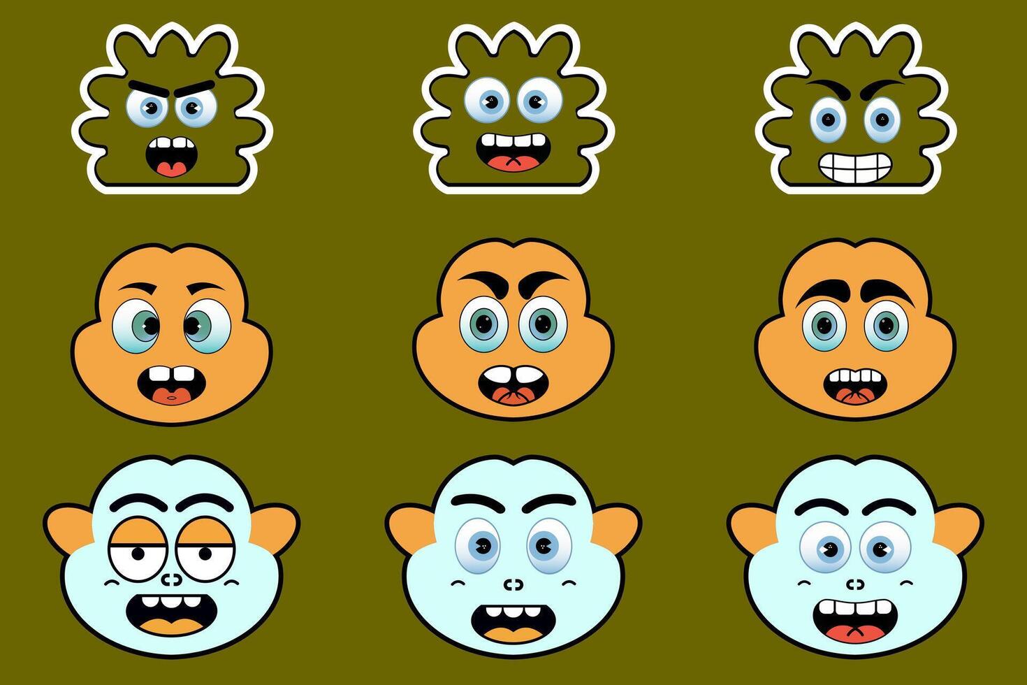 Cartoon sticker on character faces, abstract mascot funny sticker and badges vector