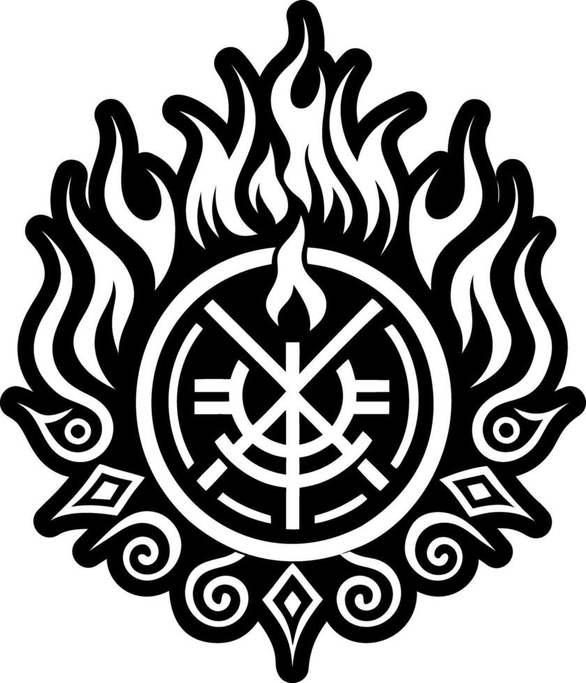 A black and white logo with flames and a circle vector