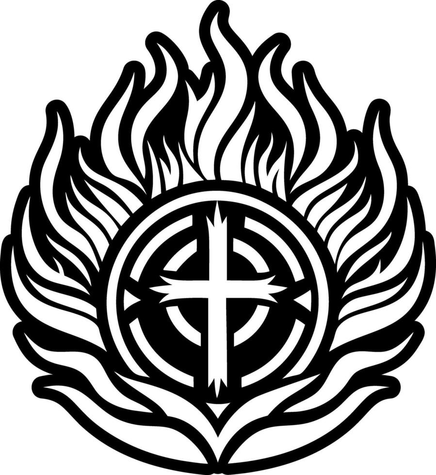 A black and white logo of a cross and flame vector