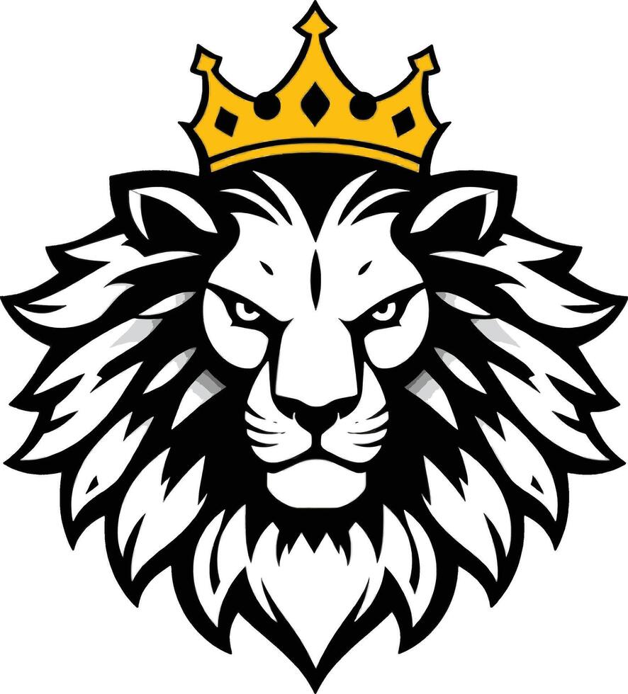 Majestic Lion with Crown Logo Design. A bold stylized graphic of a lion's head wearing a golden crown set against a stark black background vector