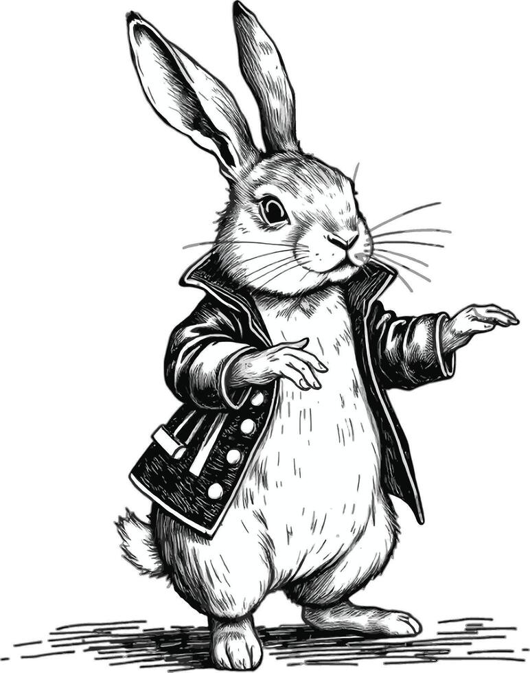 A black and white drawing of a rabbit in a suit vector
