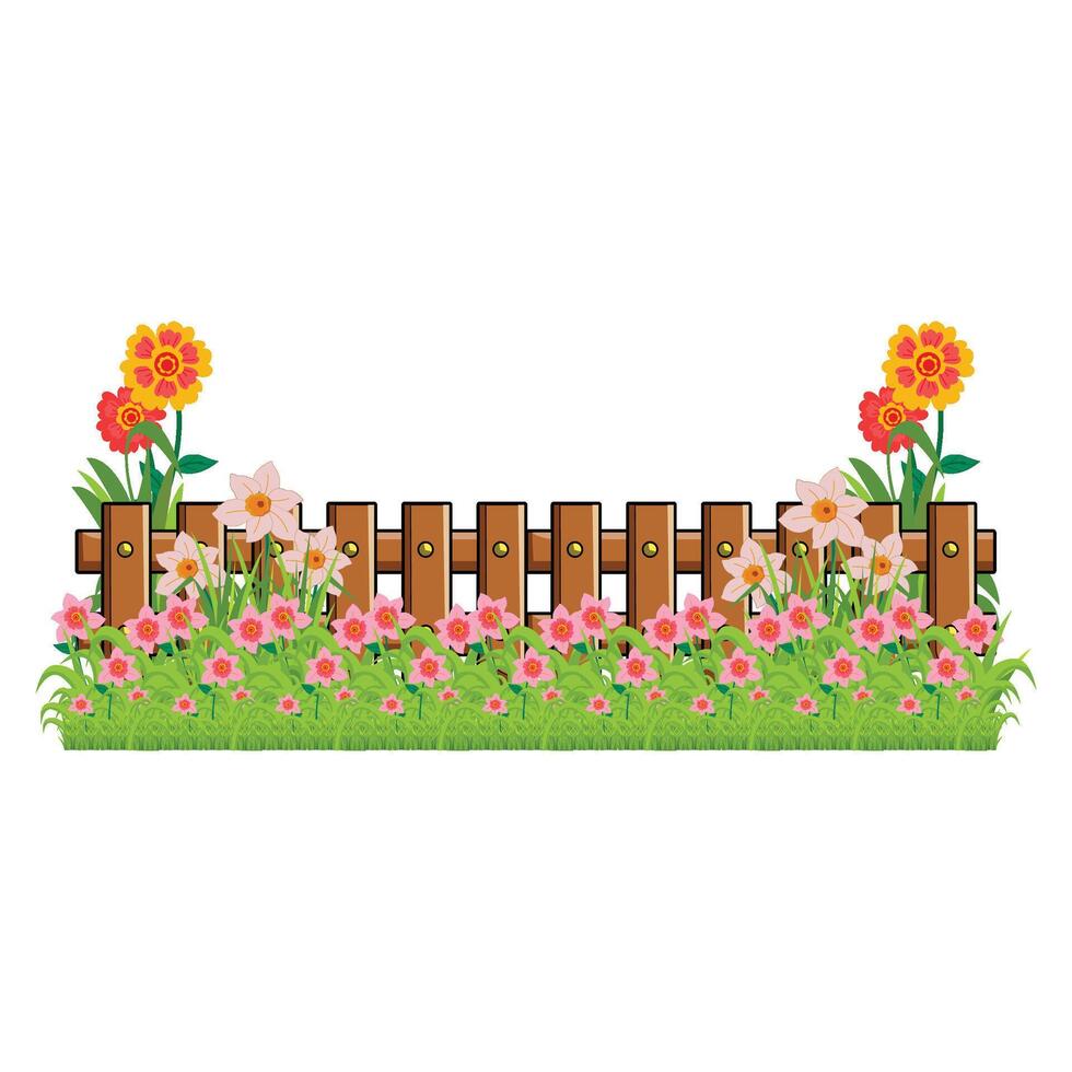 A wooden fence with flowers and grass vector