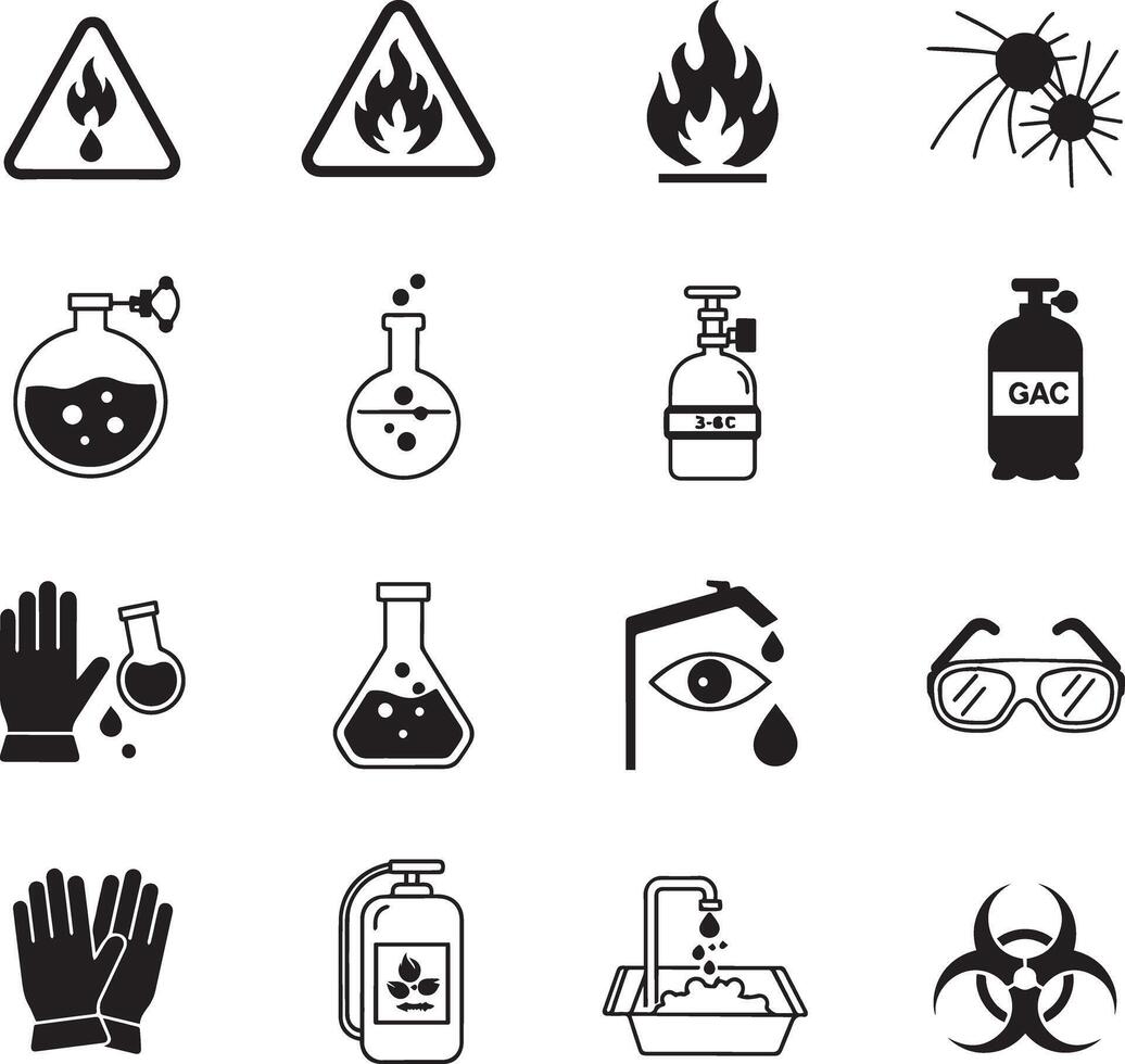 A set of black and white icons depicting various types of chemicals vector
