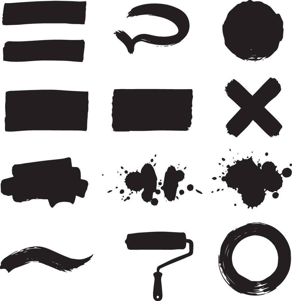 A set of black ink paint splatters and brush strokes vector