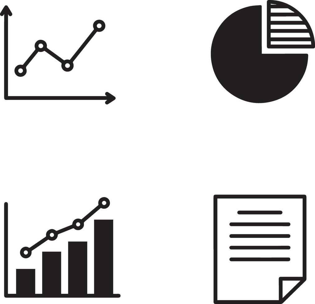 A set of four icons that include a pie chart, a document and a graph vector