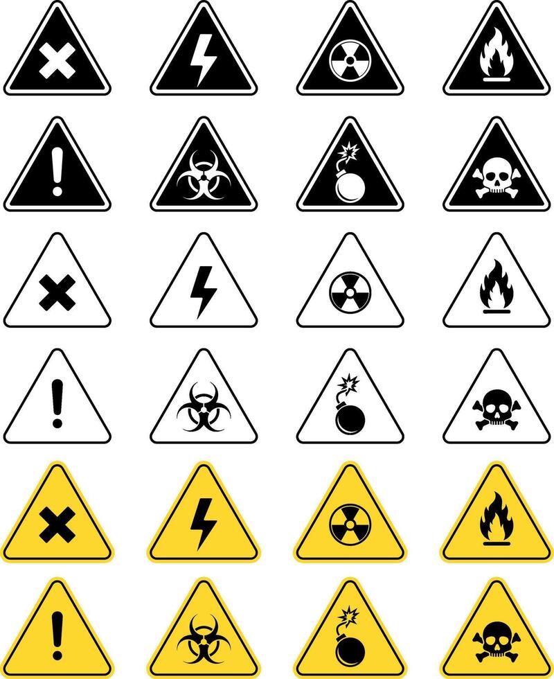 Danger Warning Symbols, Hazard, Safety Signs, electrical, radiation, biohazard, explosive, fire vector