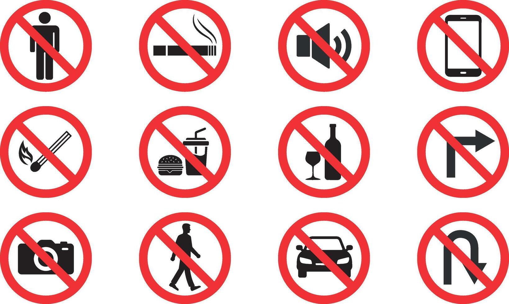 Prohibition Signs No Smoking, No Food, No Phones, No Noise. Prohibition Icon Illustration vector