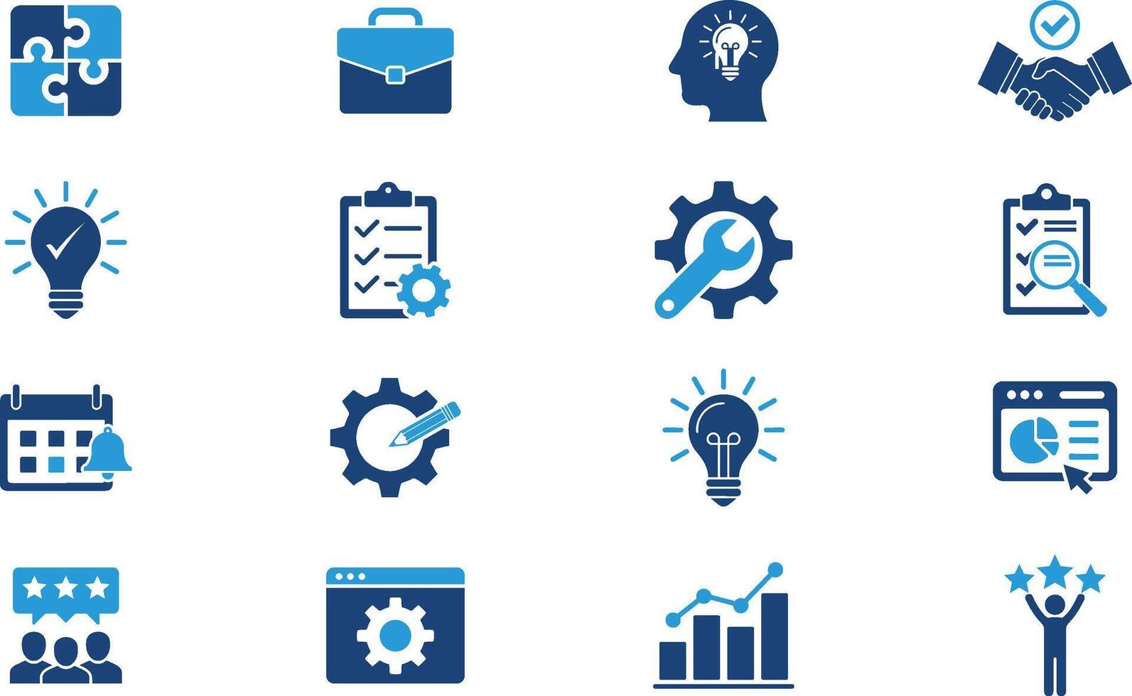 Set of Business Strategy Icons. Planning, Innovation, Teamwork, and Success. solid icon illustration vector