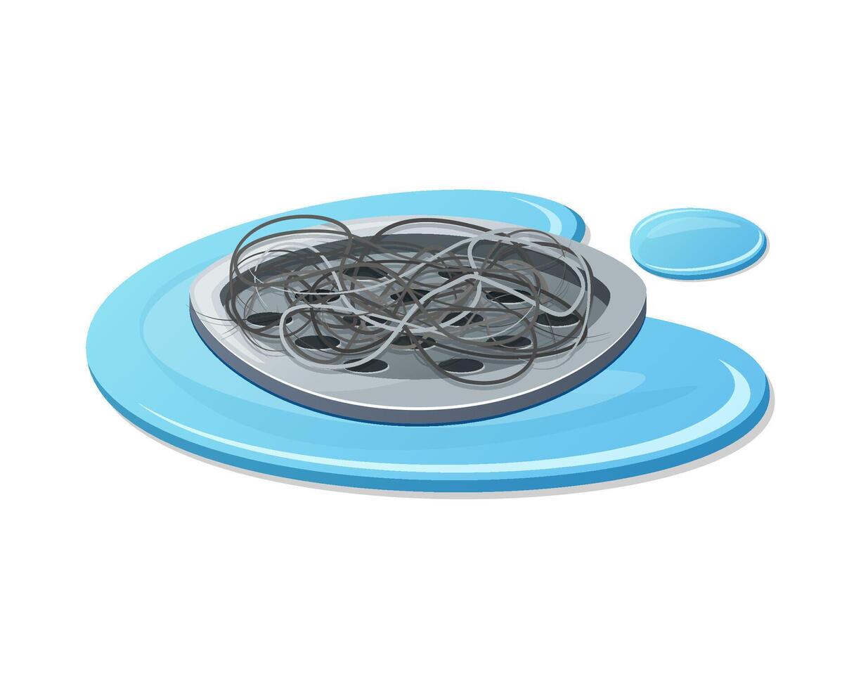 Hair clump stuck in the shower drain grid isolated on white background. vector