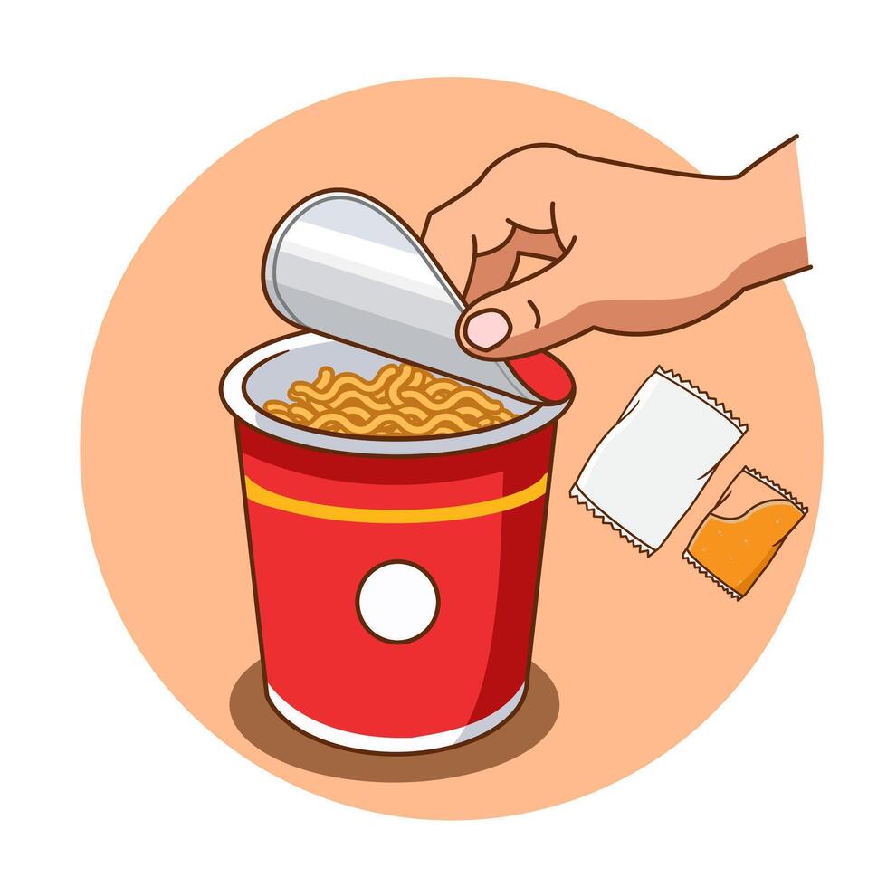 Tutorial How to Cook Instant Cup Noodle Step 1, Hand Open Lid a Cup Noodle Illustration Cartoon Design vector