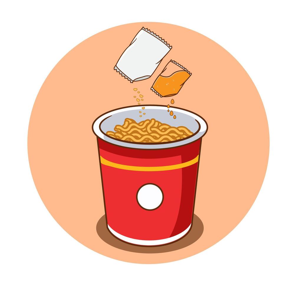 Tutorial How to Cook Instant Cup Noodle Step 2, Pour the Spices and Seasoning Oil into the Cup vector