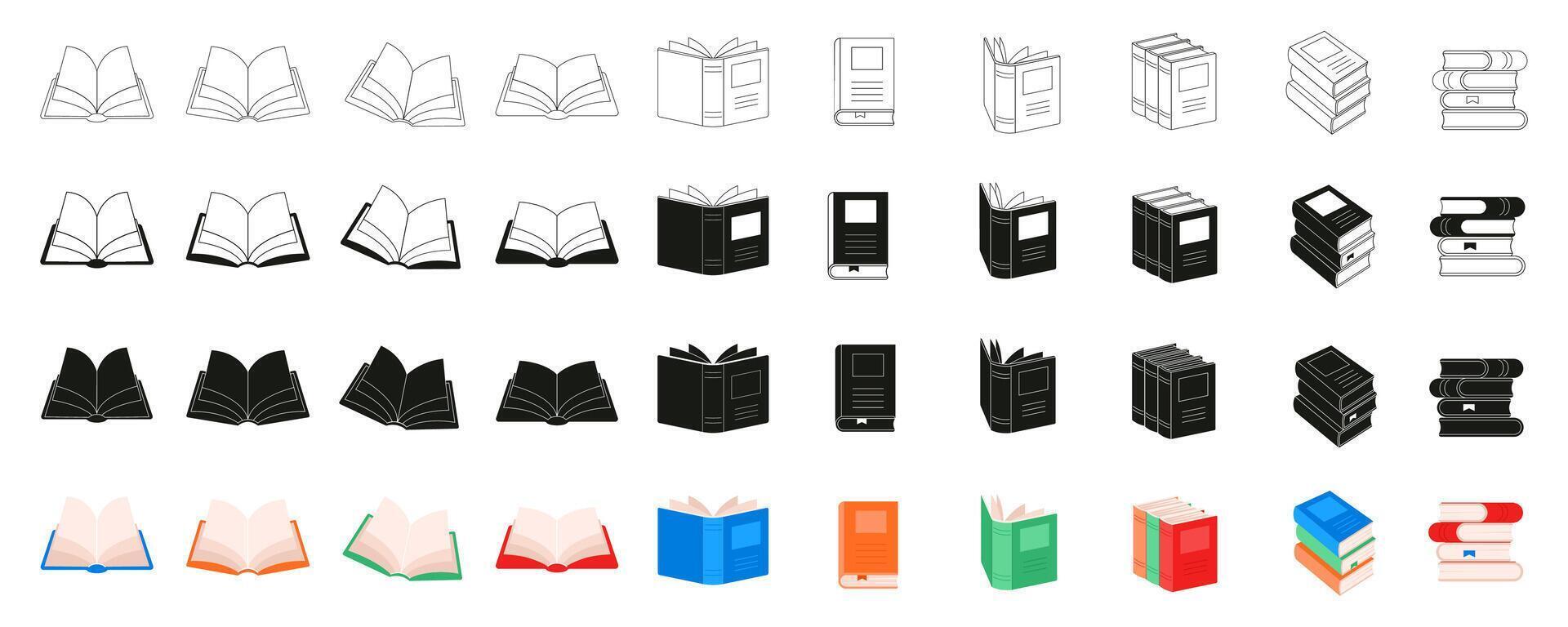 Open Book Icon Set. Open Book in a Black and White, Silhouette, Line Art, and Colored vector