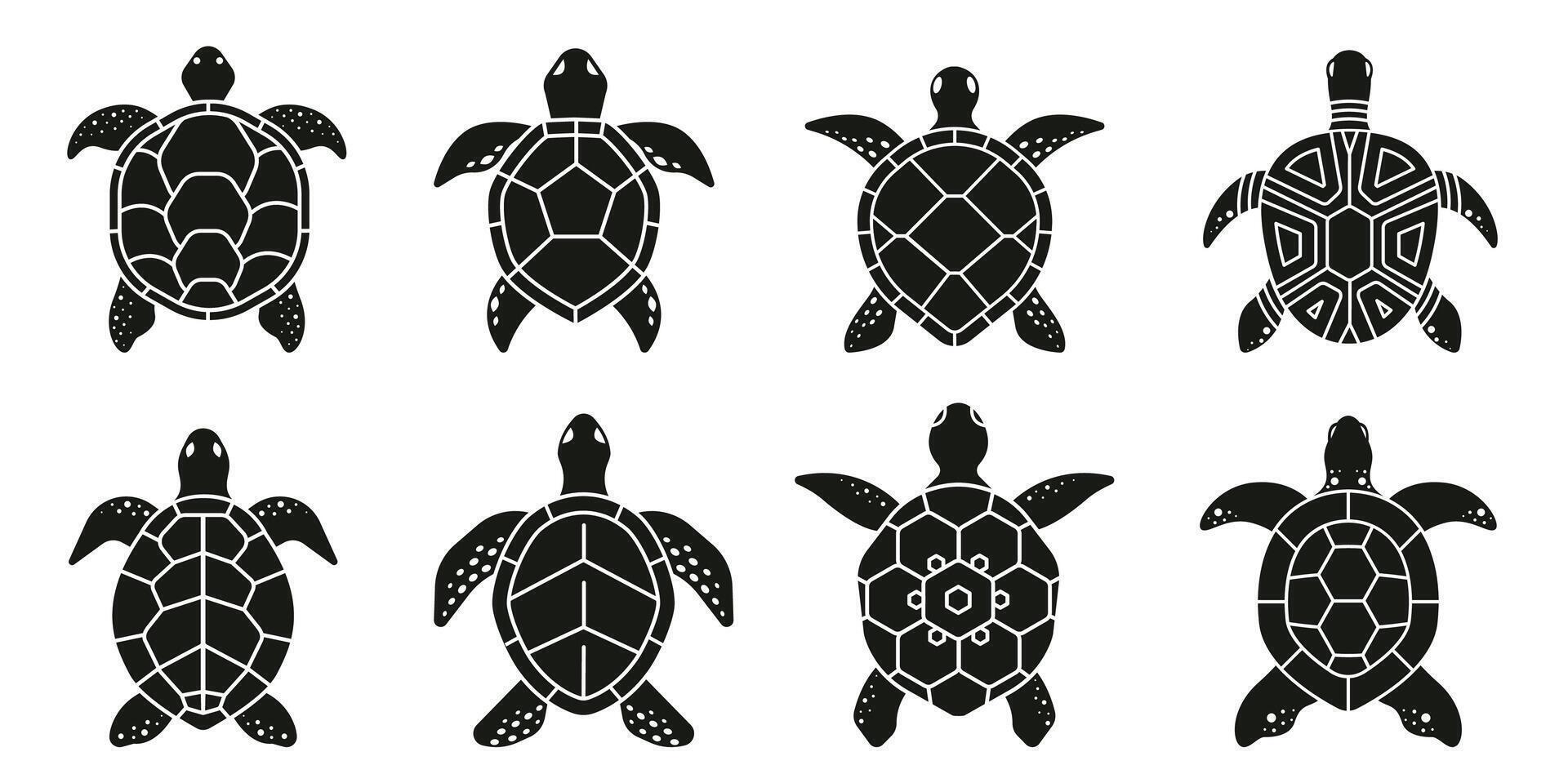 Turtle Silhouette Icon Set. Sea and Land Turtles Elements with pattern vector