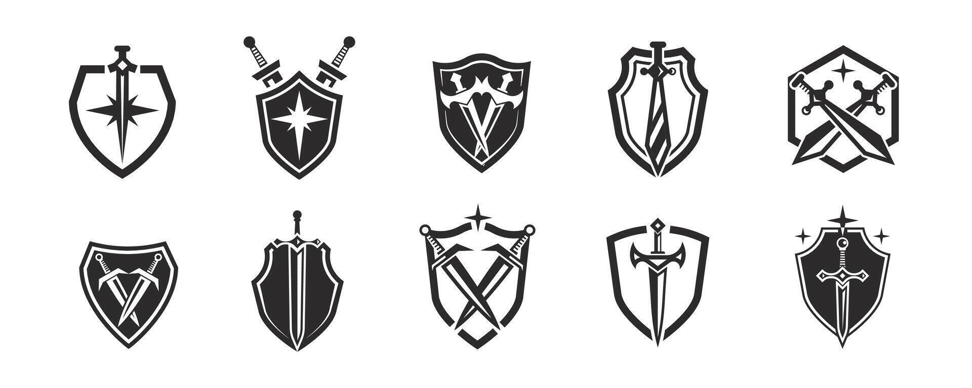 Sword and Shield Icon Set. Medieval Logo Collection, vector