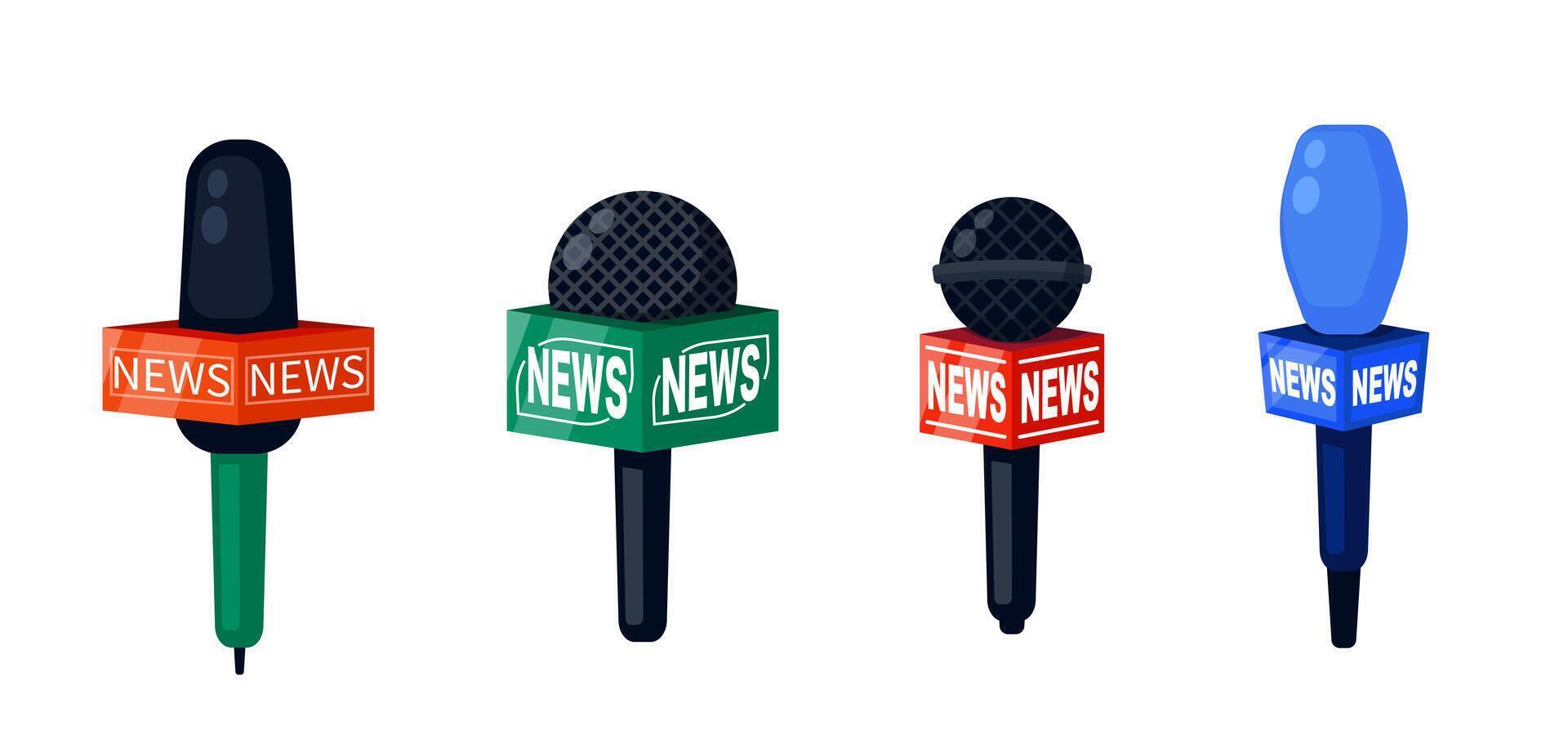 News Microphone Icon Set. Reporter and Broadcast, Journalism, TV News Elements vector