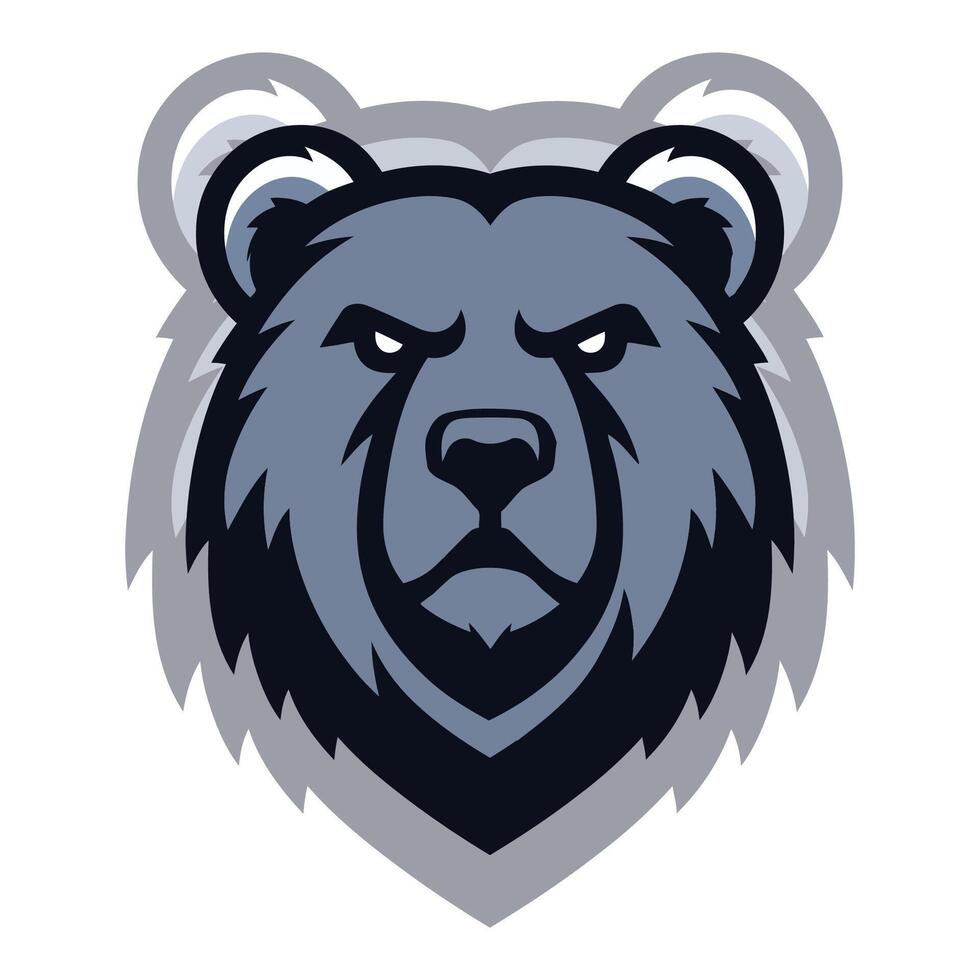 Bear head logo with intense expression. The design uses shades of gray and dark blue, highlighting the bear's fur and features. vector