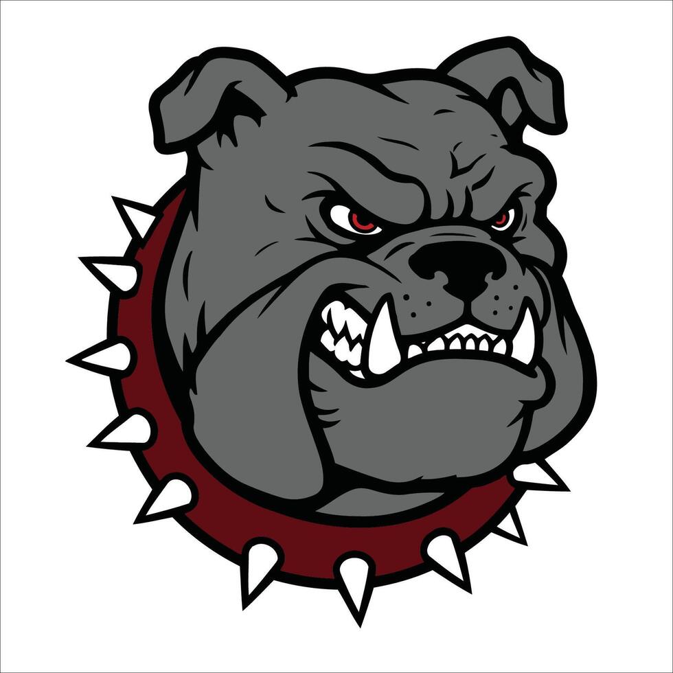 Fierce bulldog's head with an aggressive expression, featuring sharp teeth and intense red eyes. vector
