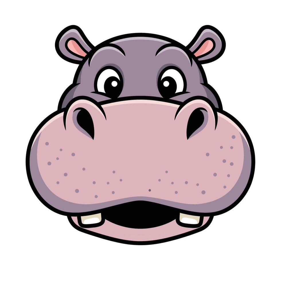 Cartoon hippo head illustration featuring a large, rounded face with a wide, pink snout dotted with small spots. vector