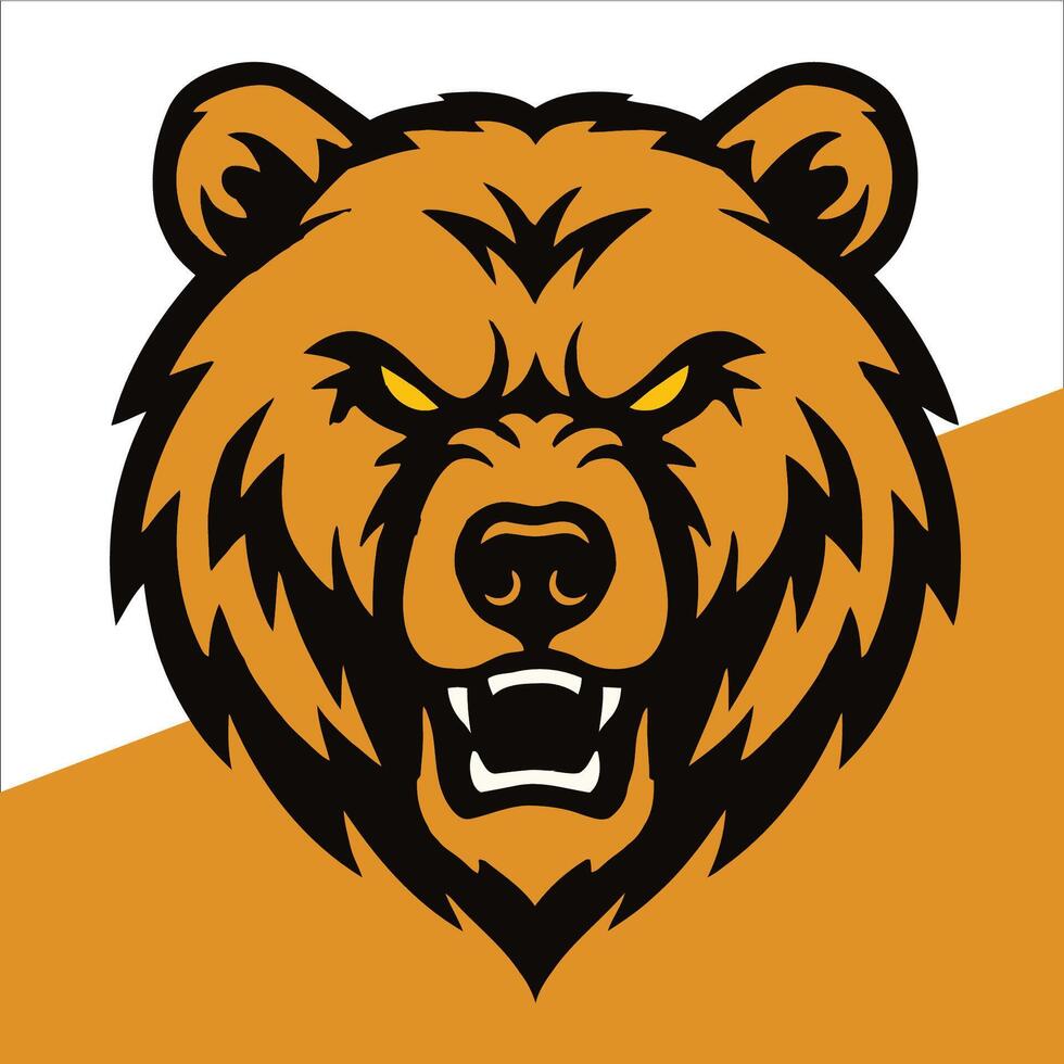 Bear head illustration in an aggressive pose. Features bold black outlines and sharp angles contrasting with the brown fur. vector