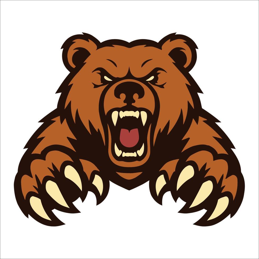 Fierce cartoon bear illustration with open mouth, showing sharp teeth. vector