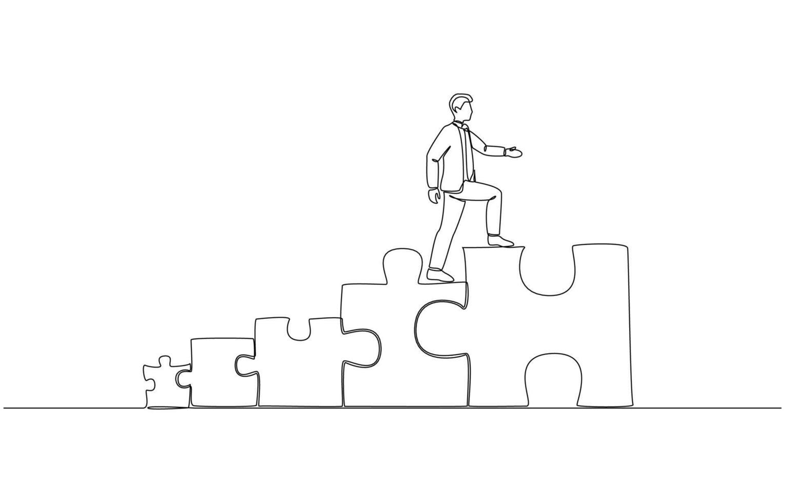 Continuous one line drawing of businessman stepping up to big puzzle piece, career growth, self development to become important part of organization concept, single line art vector