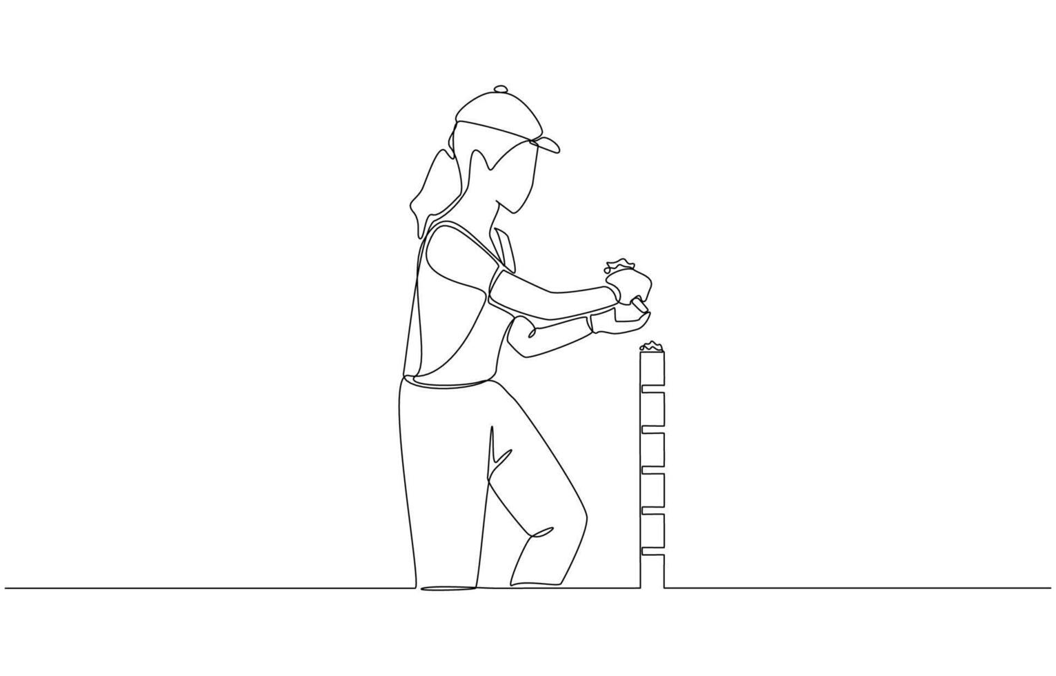 Continuous one line drawing of female construction builder building brick wall, construction work concept, single line art vector
