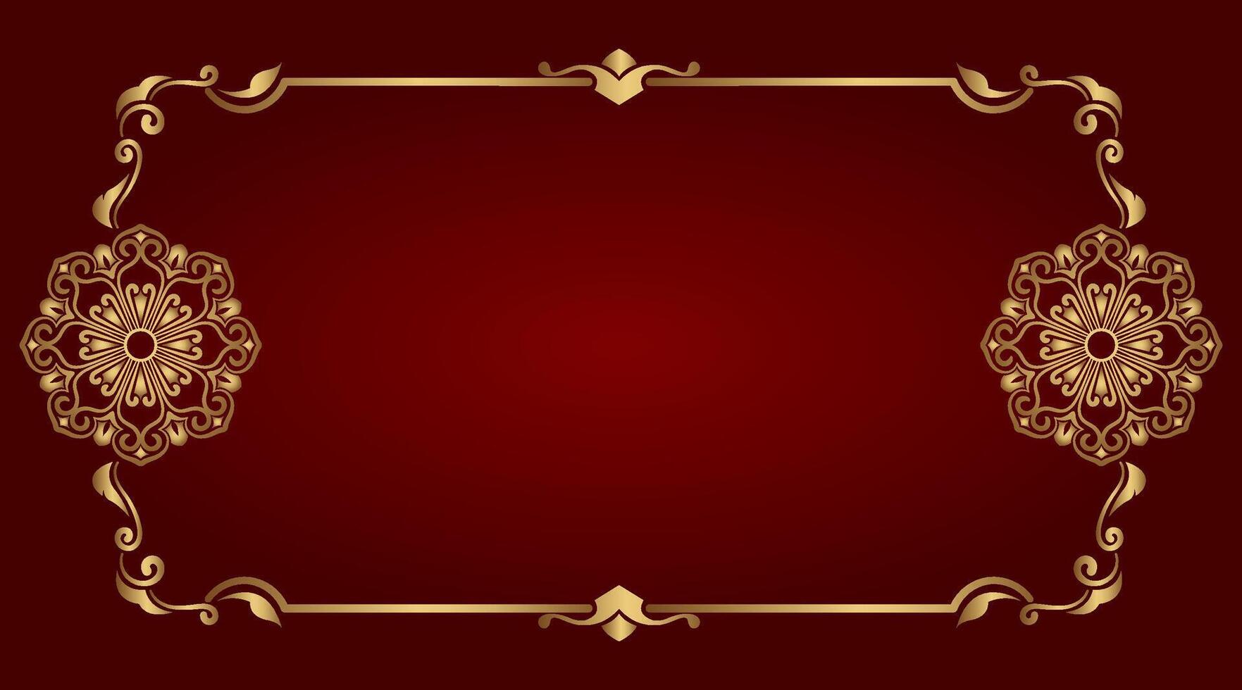 floral frame with gold mandala decoration on red background vector