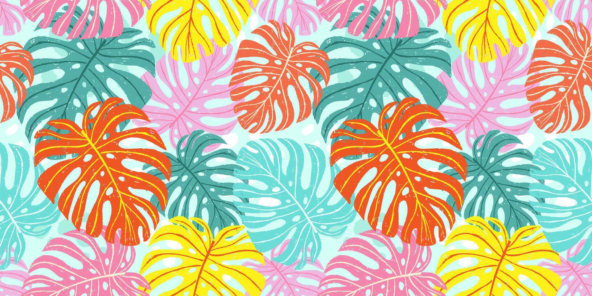 Summer bright seamless pattern with monstera, abstract hand drawn crayon tropical leaves. illustration in modern art style vector