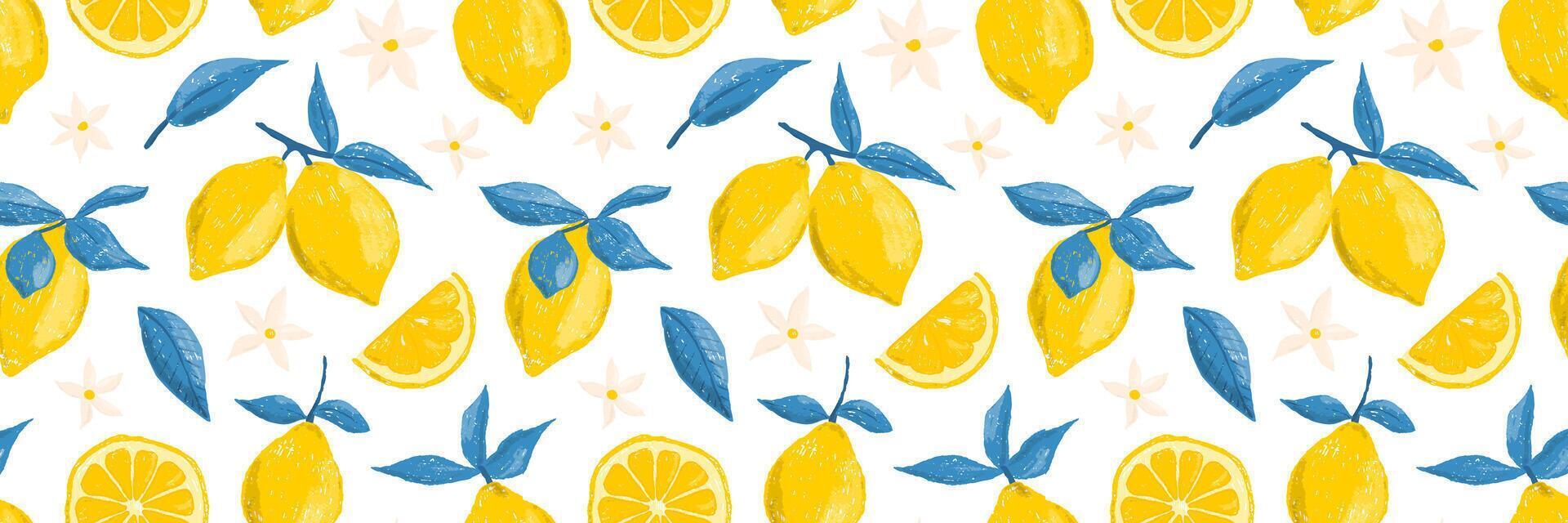 Hand drawn set of colored crayon of lemons on a branch. Leaves and flowers of citrus fruits. Italian summer seamless pattern in Mediterranean vintage style vector