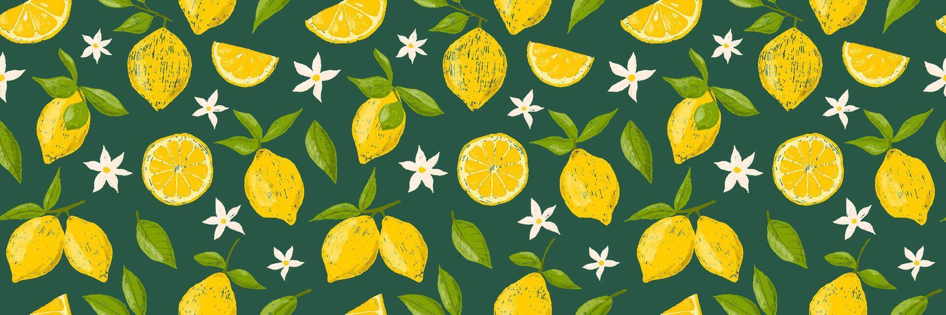 Hand drawn set of colored crayon of lemons on branch. Leaves and flowers of citrus fruits. Italian summer seamless pattern in Mediterranean vintage style vector