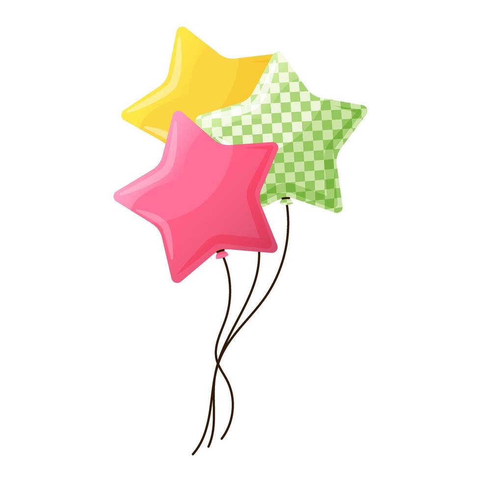 Flying glossy star-shaped helium balloons in cartoon style. vector