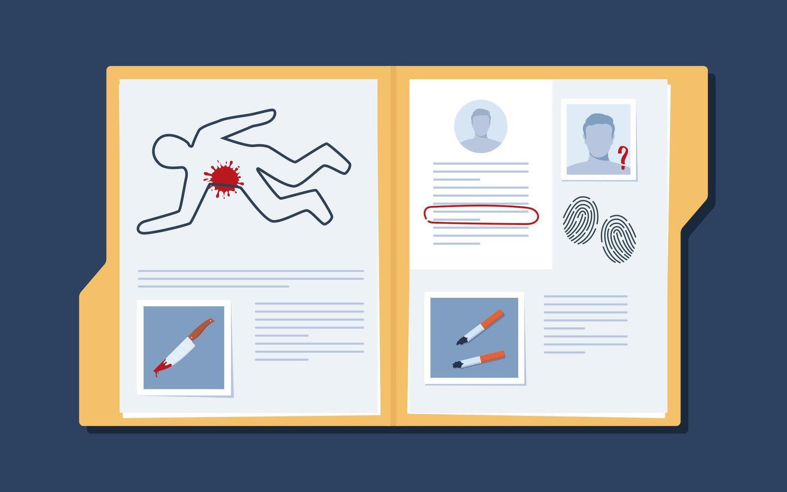 Opened crime investigation file folder. Evidence file folder. Crime scene photo, suspect silhouettes, fingerprints, other evidences. Police report, criminal case. vector