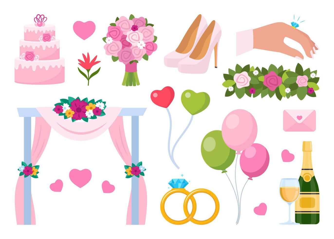 Wedding accessories, decorations. Party, proposal, wedding, anniversary elements. Celebrate marriage, save the date ceremony. illustration. vector