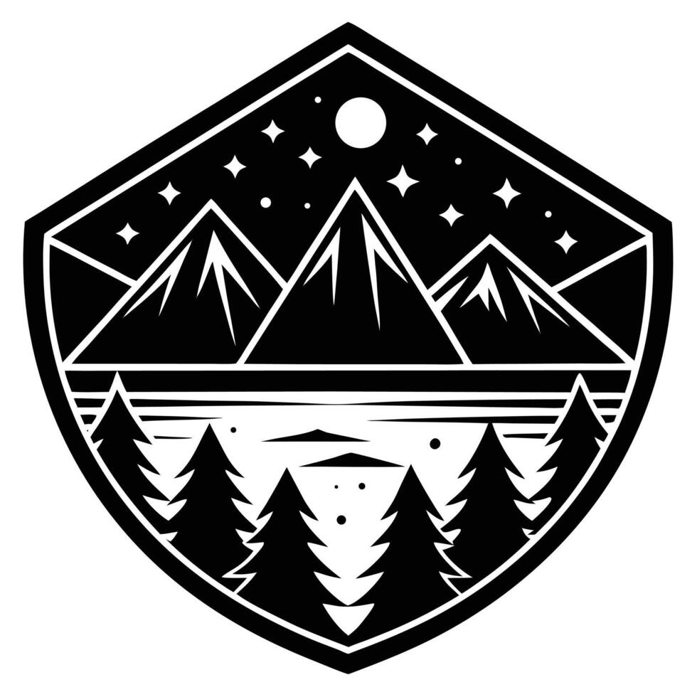 Black and white mountain lake scene forest under starry night vector