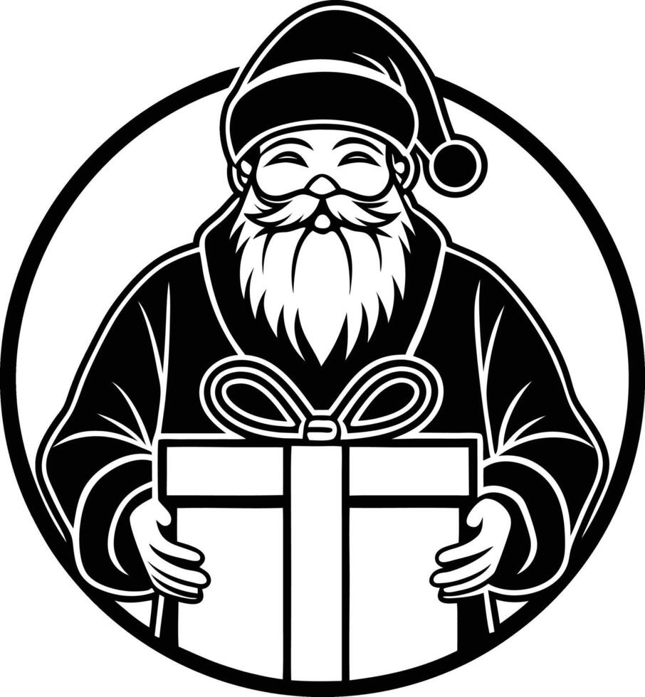 Classic black and white santa claus holding a christmas gift vector