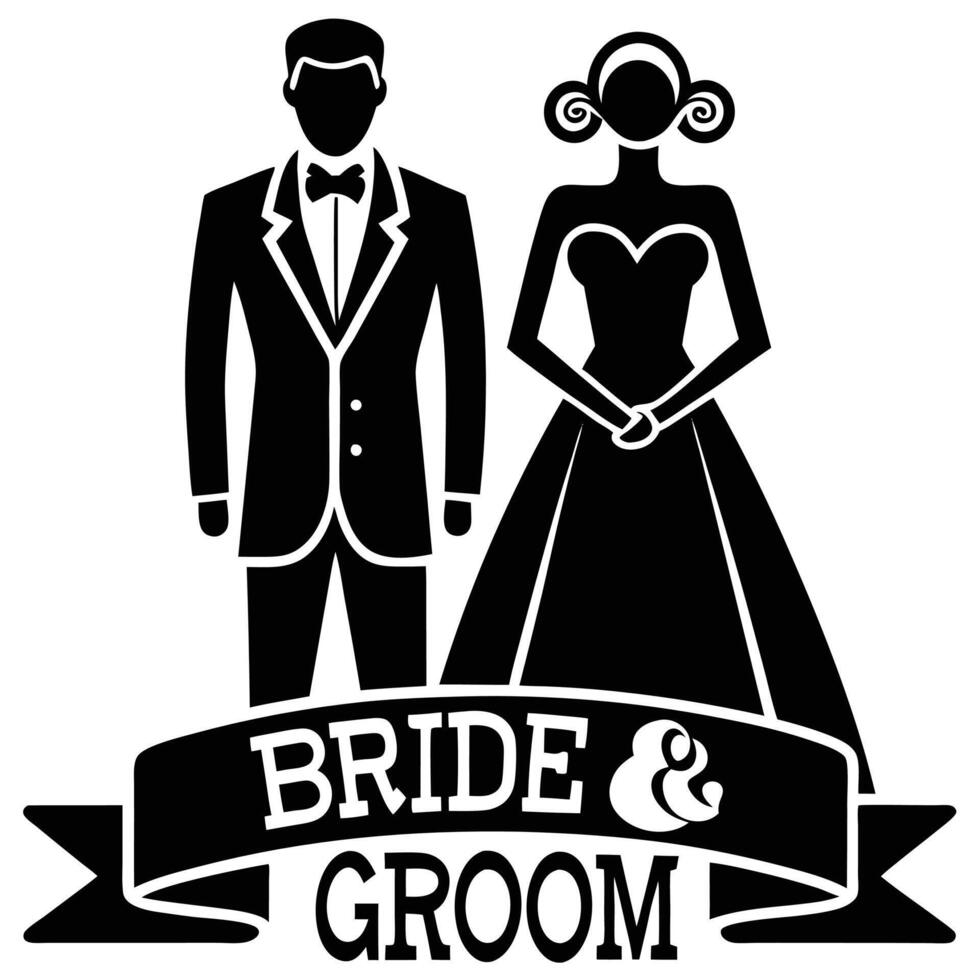 Bride and groom silhouette illustration wedding day graphic design element vector