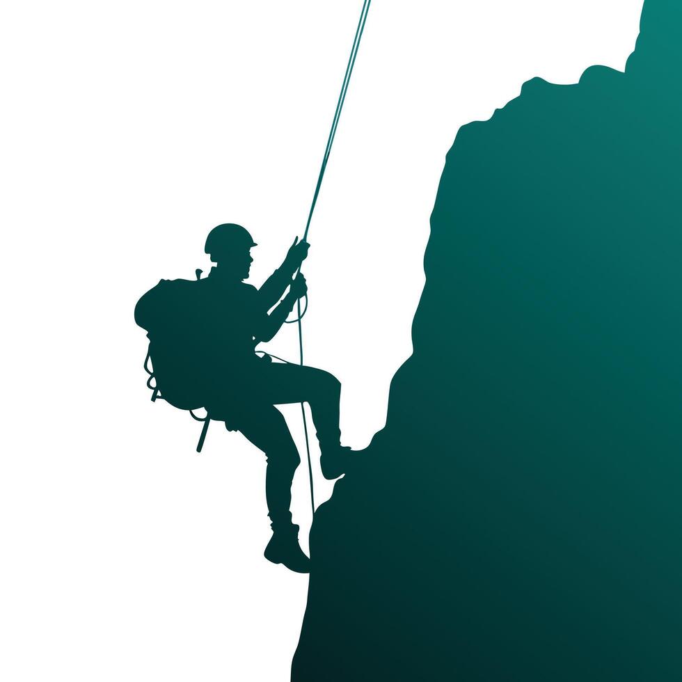 Silhouette of rock climber rappelling down mountain adventure extreme sport vector