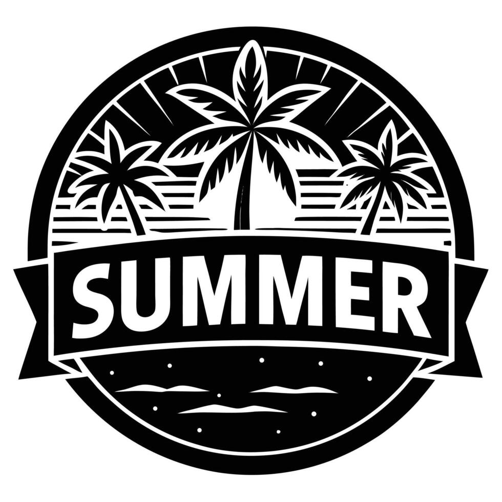 Black and white summer beach scene with palm trees illustration vector