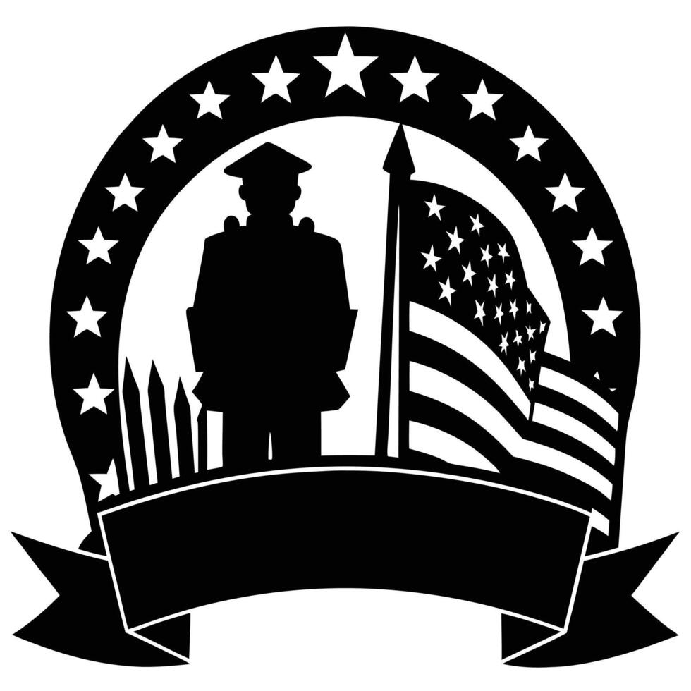 Black and white silhouette honoring military service and american flag symbolism vector