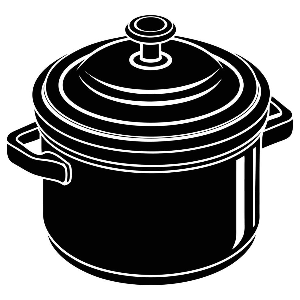 Black and white graphic illustration of covered cooking pot silhouette vector