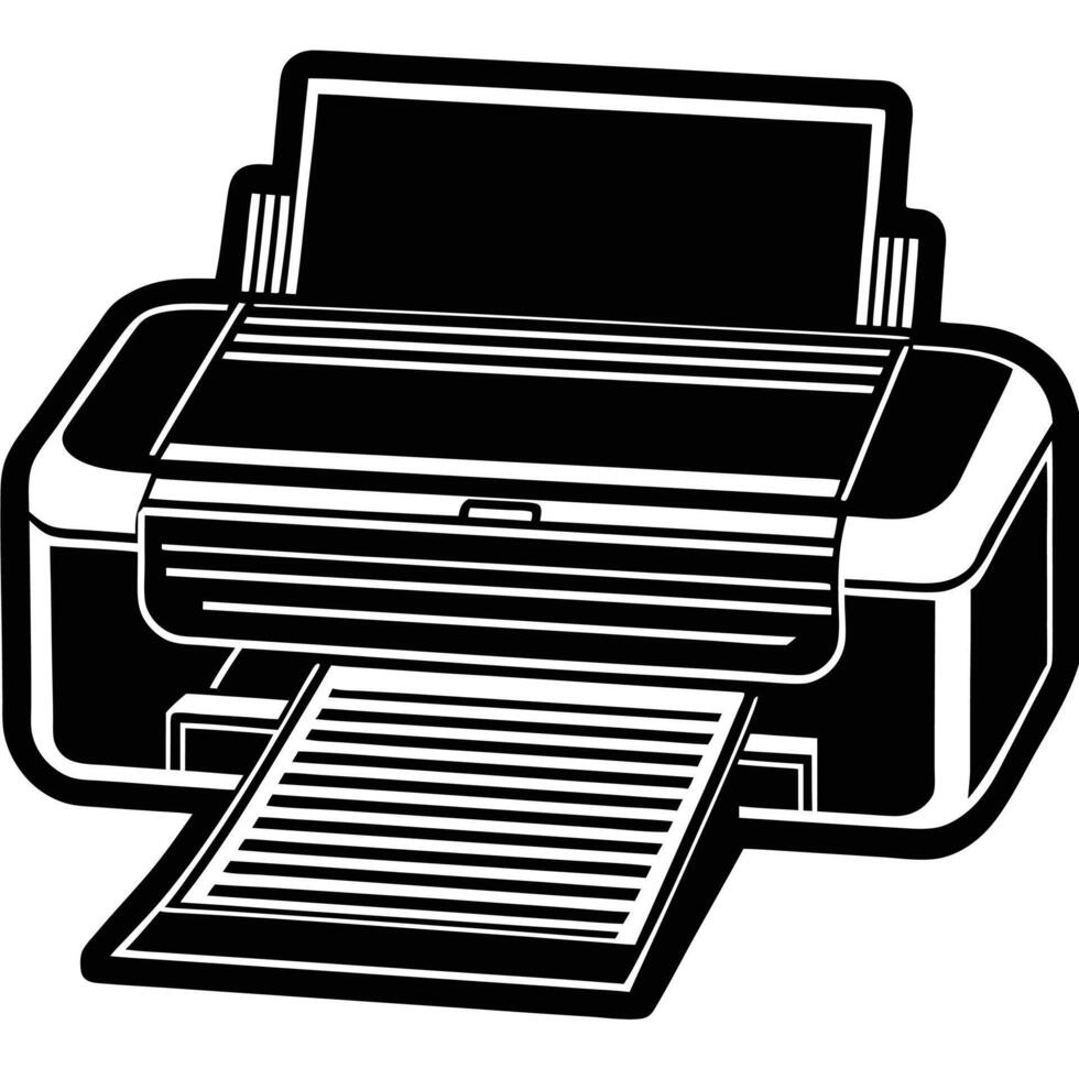 Black and white printer with paper output office equipment illustration vector