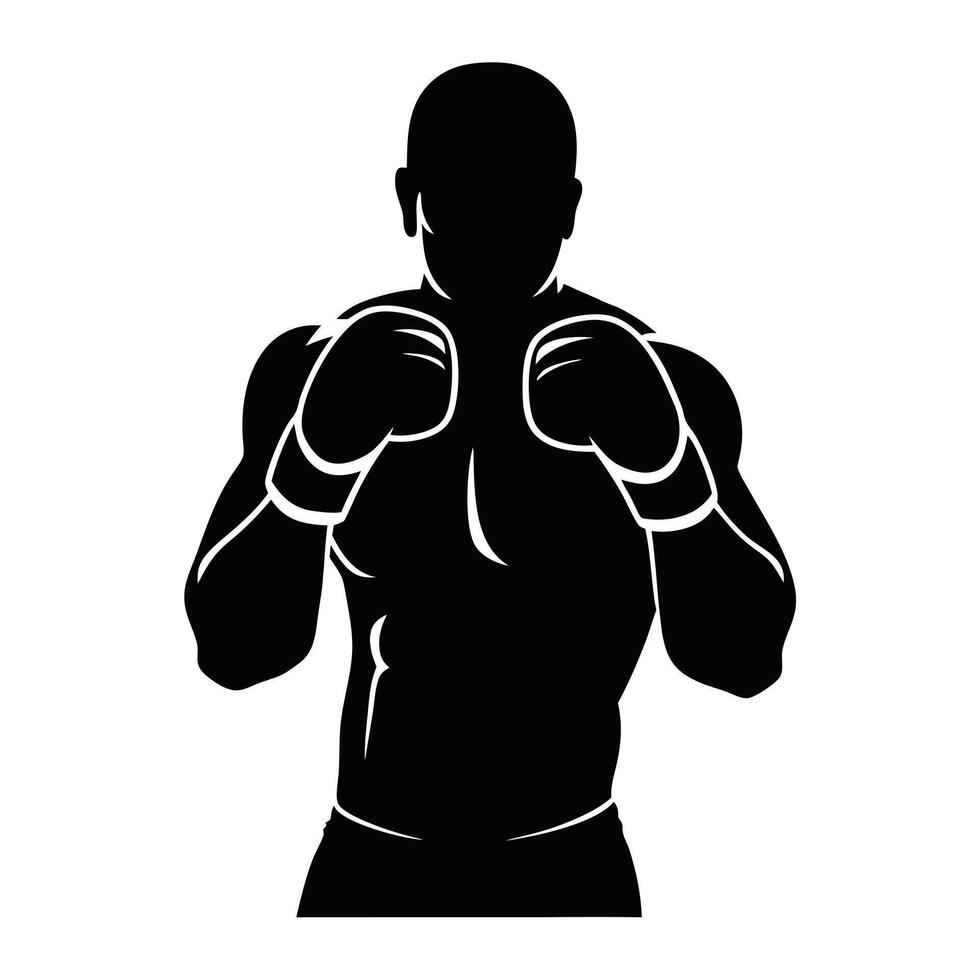 Silhouette of a muscular boxer in fighting stance with gloves illustration vector
