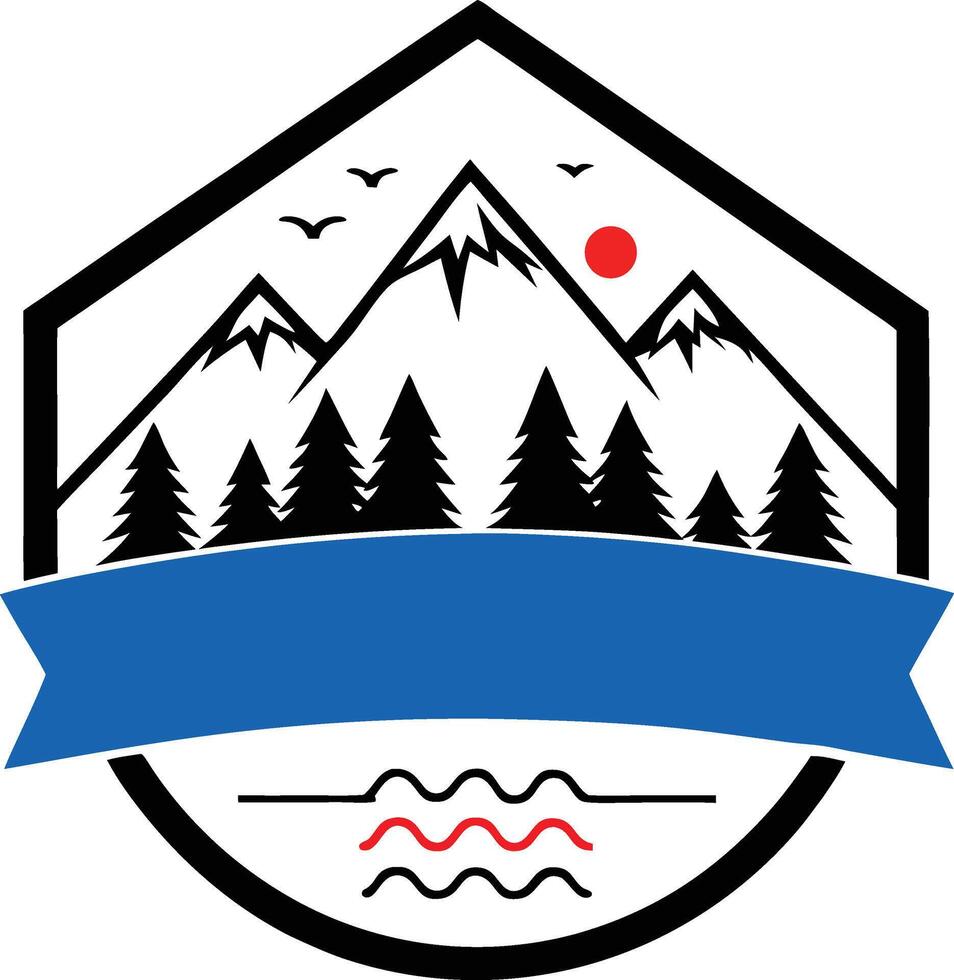 Mountain landscape logo template with trees lake and birds design vector