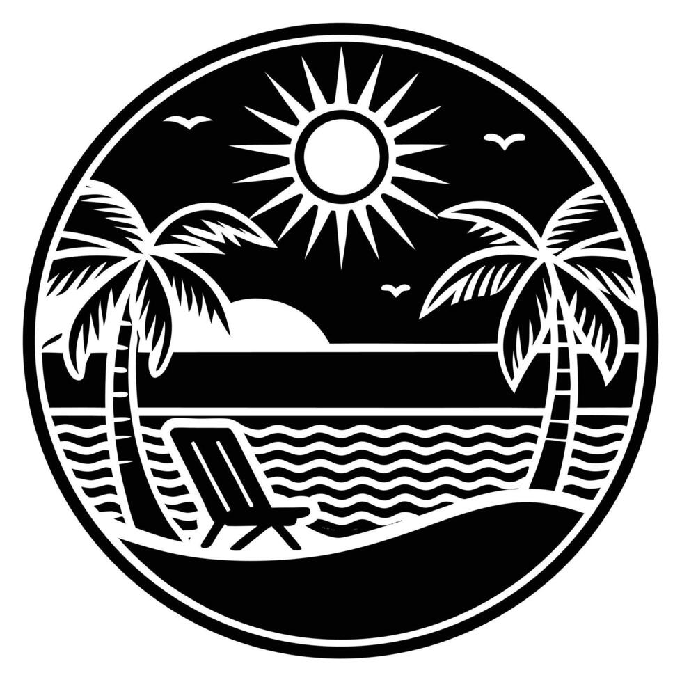 Black and white tropical beach paradise with palm trees and sun vector