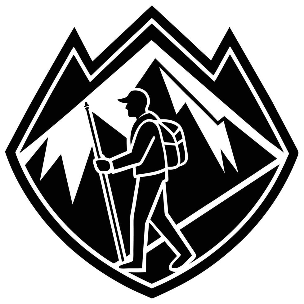 Hiker silhouette with backpack and mountain landscape black and white vector