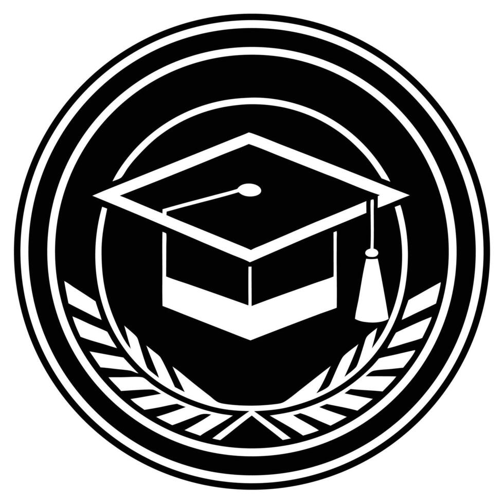 Graduation cap icon in black and white with laurel decoration vector