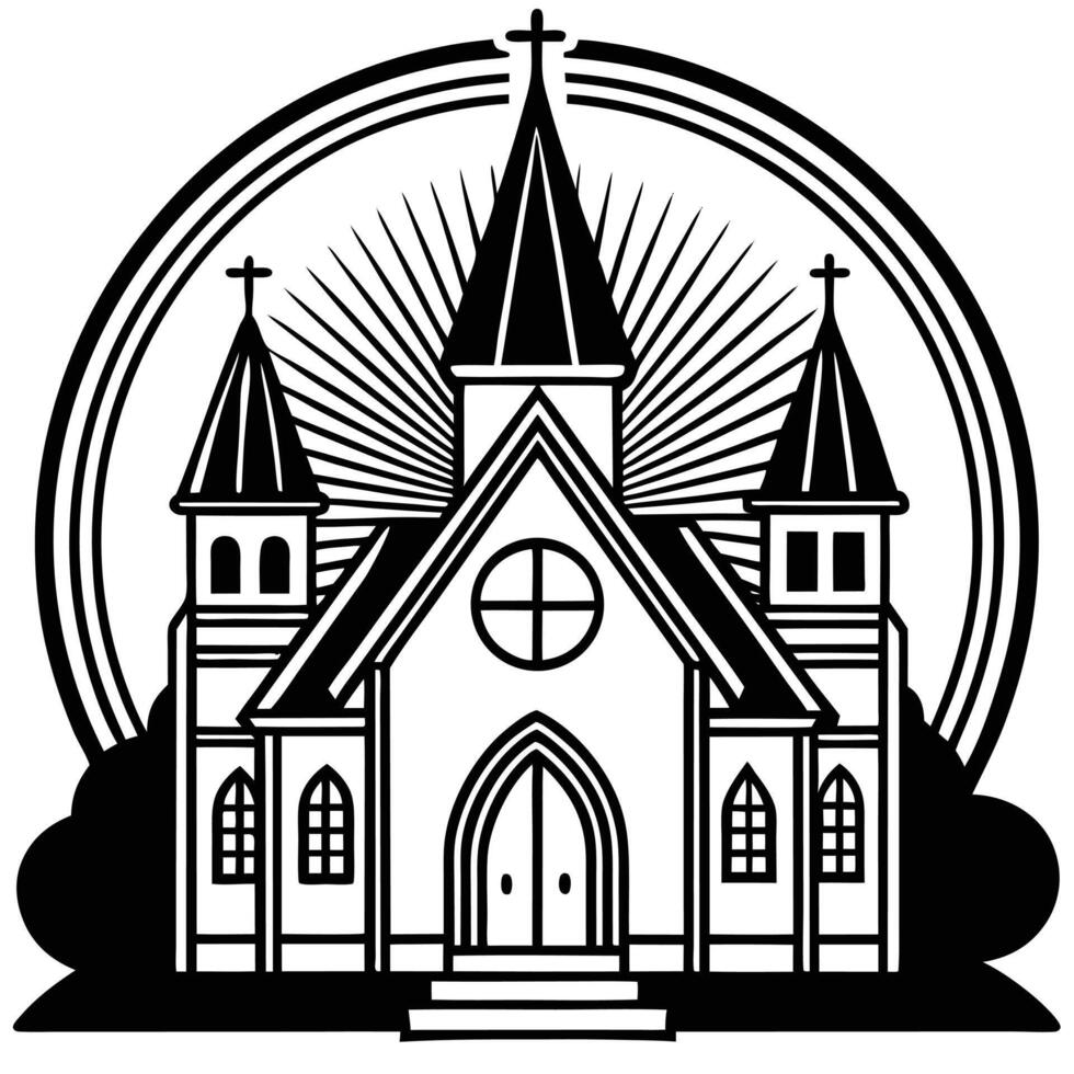 Silhouette illustration of a church building with cross and sun rays vector