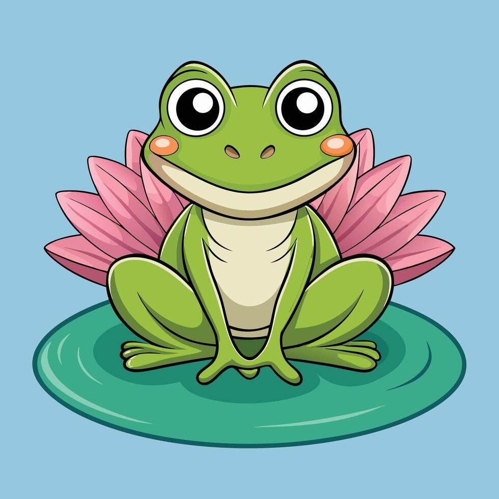 Cute cartoon frog sitting on a lily pad with pink lotus vector