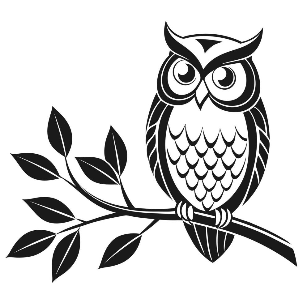 Stylized owl perched on branch black and white illustration vector