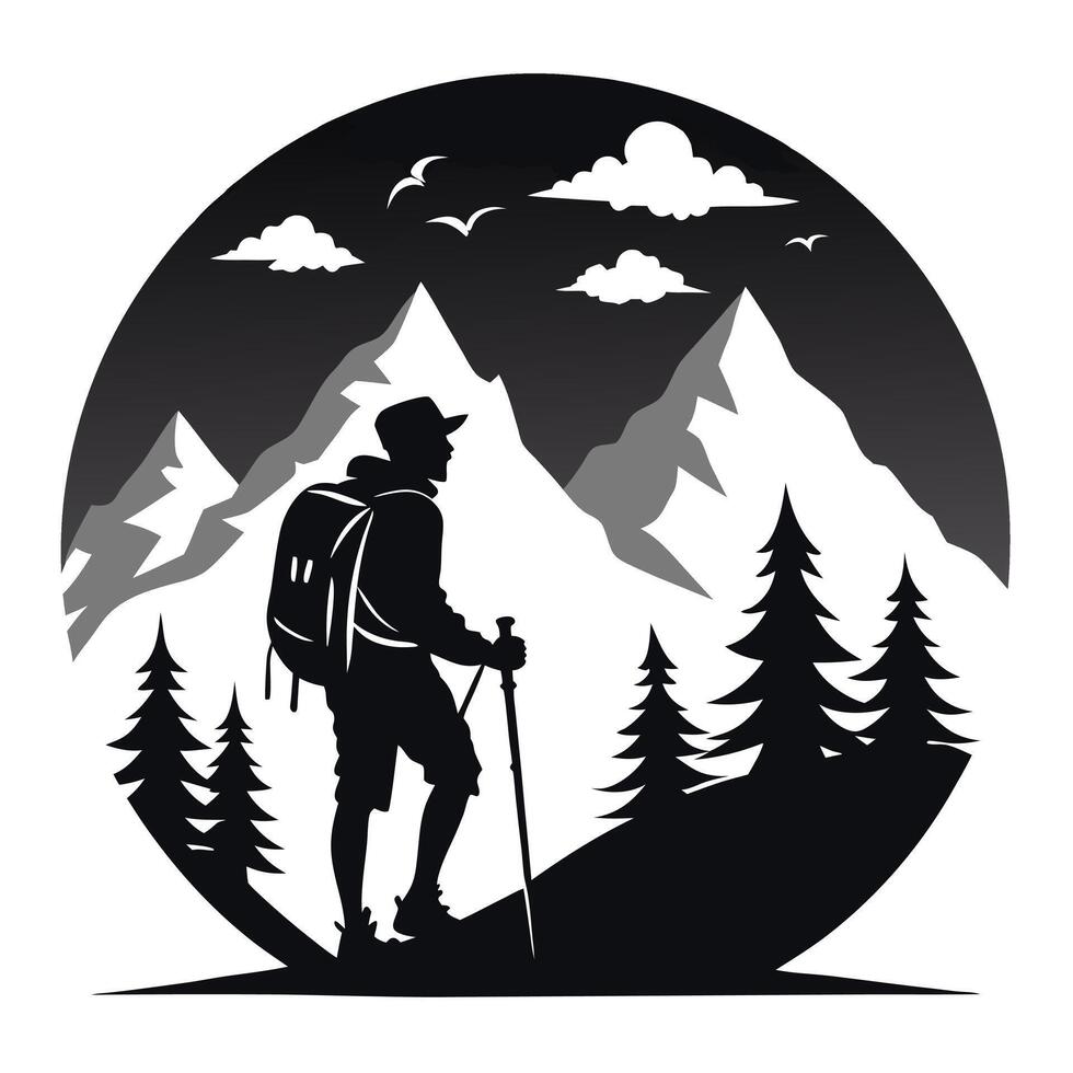 Hiker silhouette ascending mountain trail with backpack and hiking poles illustration vector